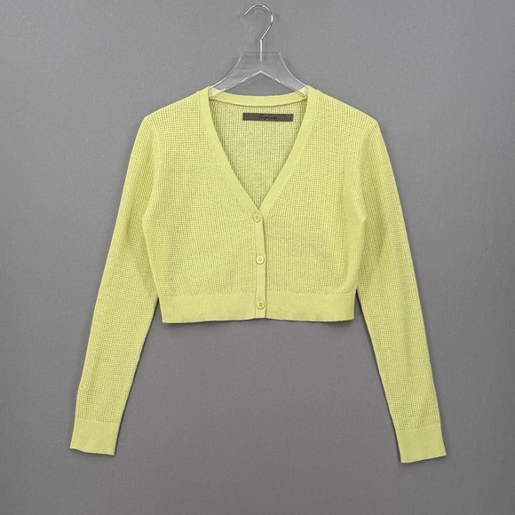 ENZA COSTA Linen Cropped V-neck Cardigan Small Yellow Open Knit Long Sleeve